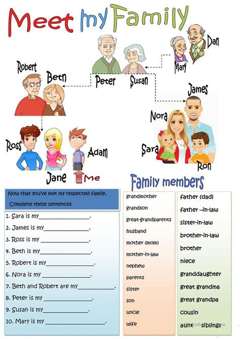 Meet my family - English ESL Worksheets for distance learning and physical classrooms My Family Worksheet, Family Worksheets, Family Tree Worksheet, About My Family, Family Worksheet, English Teaching Materials, Teaching Vocabulary, Classroom Routines, Learning English For Kids