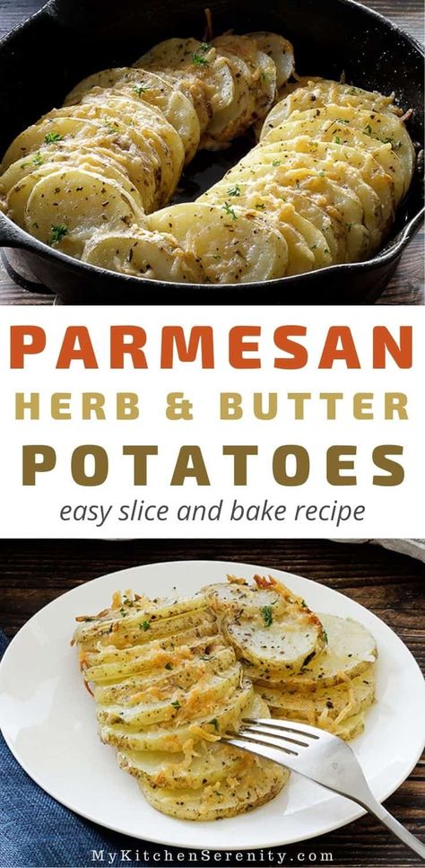 Baked Potato Casserole Recipes, Potato Dishes Easy Casserole Recipes, Sliced Garlic Potatoes, Potatoe Slices Baked, Oven Baked Sliced Potato With Cheese, Side Dish Potato Recipes, Sliced Potato Side Dishes, Large Potato Recipe, Parmesan Butter Potatoes