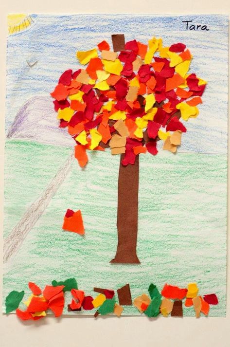 Fall Torn Paper Art, November Crafts For 1st Grade, Torn Paper Fall Tree, Fall Trees Art Projects For Kids, Collage Activities For Preschoolers, Tree Art Kindergarten, Fall Tree Art Projects For Kids, Fall Crafts For Elementary School Kids, Fall Kindergarten Art