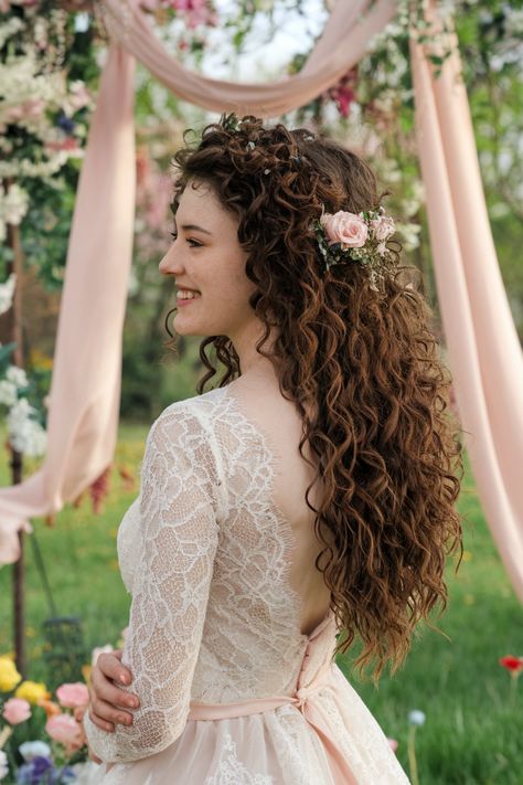 Elevate your bridal look with this breathtaking hairstyle designed specifically for curly hair. Embrace your natural texture as soft, cascading curls frame your face, creating a romantic and ethereal vibe. This stylish updo combines elegance and charm, making it a perfect choice for brides who want to highlight their beautiful curls. Discover the magic of wedding hairstyles that celebrate your unique beauty! #weddinghairstyles #curlyhair #bridalhairstyles Curly Down Wedding Hair, Curly Hairstyles Wedding The Bride, Naturally Curly Wedding Hair With Veil, Curly Hairstyles For Bride, Curly Hair Bride Hairstyles, Bridal Hair Curly, Natural Curls Wedding Hair, Curly Bridal Hairstyles, Wedding Hairstyles For Curly Hair