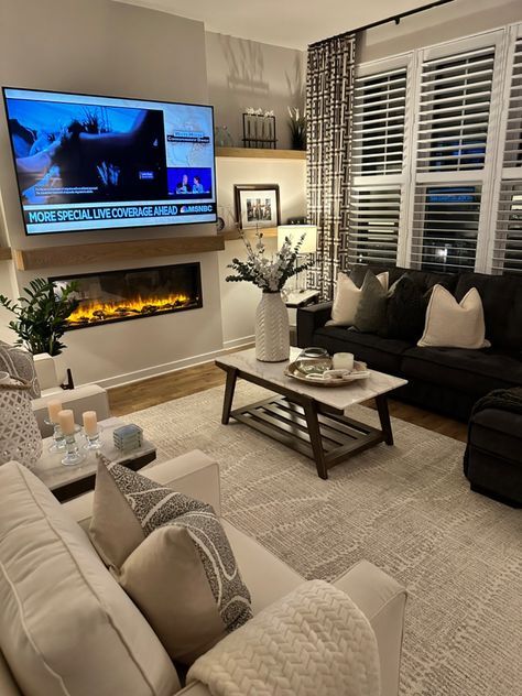 First Home Ideas Decor Living Room, Apartment Living Room With Fireplace, Living Room Designs Family, Apartment Aesthetic Cozy Living Room, Condo Living Room Ideas, Basic Living Room, Living Room Apartment Ideas, Modern Small Living Room Ideas, Cosy Living Room Ideas