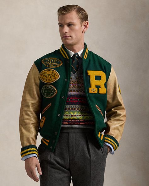 Ralph Lauren Green, Letterman Jacket, Lauren Green, Ralph Lauren Purple Label, Leather Sleeve, Work Clothes, Formal Shirts, Casual Sweatshirt, Polo Ralph