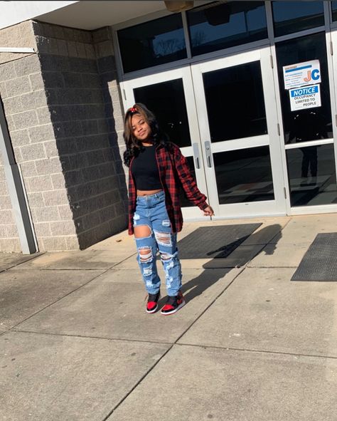 Cute Jordan 1 Outfits, How To Wear Air Jordan 1 Fashion Styles, Simple Jordan 1 Outfits, Flannel And Jordans Outfit, Outfits With Red Jordans 1s, Outfits With Red And Black Jordans 1s, Patent Bred 1s Outfit Girl, Jordan Bred 11 Outfit Women, Jordan 1 Red Outfit Women