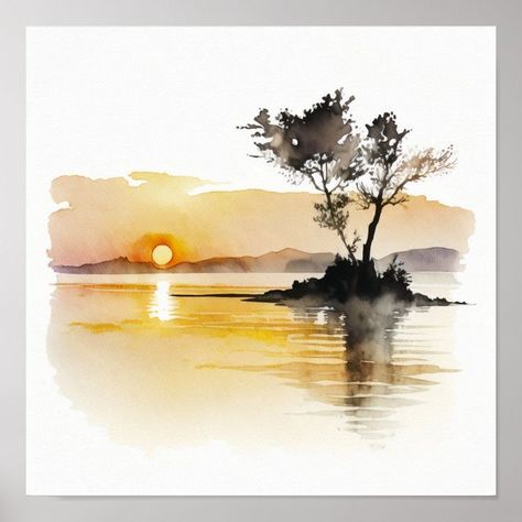 Watercolor Window Painting, Grafic Paint, Easy Watercolor Paintings For Beginners Landscape, Aesthetic Watercolor Art Easy, Watercolor Lake Scene, Watercolor Paintings Landscape, Line Art Watercolor, Minimalist Watercolor Painting, Sunrise Watercolor