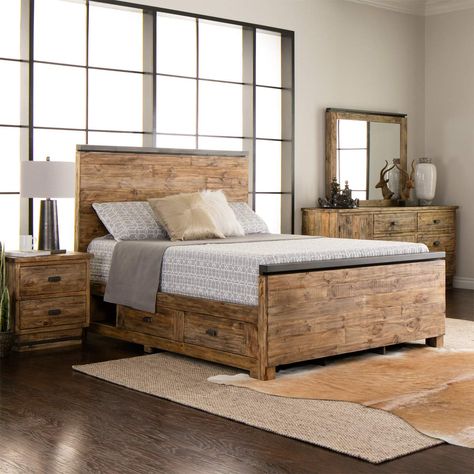 The natural Century rustic bedroom set has clean modern lines and functional appeal. Crafted from solid pine, the rough-hewn planks have characteristic dents and random knots. The finish of the rustic pine bedroom furniture showcases the natural look of the wood. 4 built-in drawers with full extension glides provide convenient storage for clothing, bedding and more. Custom metal details and hardware add sophistication to the reclaimed wood look of this solid pine bedroom set. Farmhouse Queen Bed, Rustic Bedroom Furniture Sets, Queen Bed With Storage, Brown Wood Bed, Rustic Bedroom Sets, Custom Bedroom Furniture, Affordable Bedroom Furniture, Bed Room Furniture, Modern Rustic Bedrooms