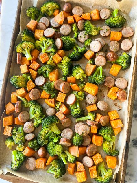 Sausage, Broccoli, and Sweet Potato Sheet Pan (Whole 30, Paleo) - The Lovely Dish Kielbasa Sweet Potato Sheet Pan, Sweet Potato Broccoli Sausage, Lunch Ideas With Sweet Potatoes, Sheet Pan Sausage And Sweet Potatoes, Sausage Broccoli Sweet Potato Sheet Pan, Sausage And Sweet Potato Sheet Pan, Sheet Pan Dinners With Sweet Potato, Sheet Pan Sweet Potatoes And Sausage, Smoked Sausage Sweet Potato Sheet Pan