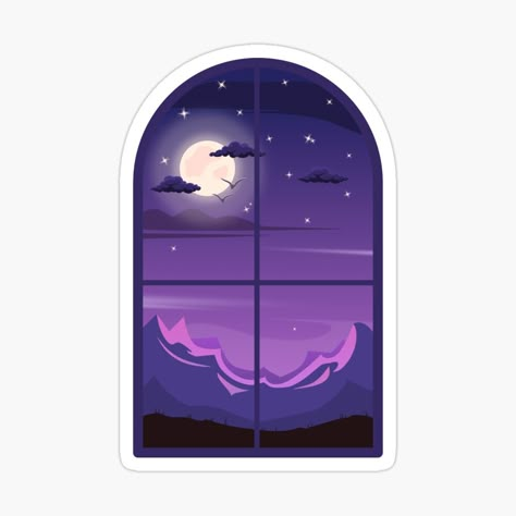 Night Window Illustration, Cool Stickers Printable, Night Window View, Window Sketch, Night Stickers, Cute Window, فنسنت فان جوخ, Night Sketch, Night Window