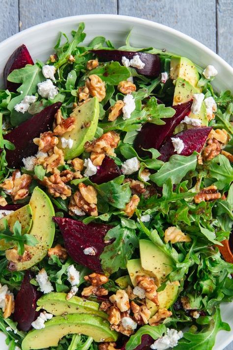 Beet Avocado Salad — Delish.com Farro Salad Recipes, Moroccan Carrot Salad, Mediterranean Grilled Chicken, Pear Salad Recipes, Winter Salad Recipes, Winter Veggies, Beet Salad Recipes, Healthy Lunch Snacks, White Bean Salad