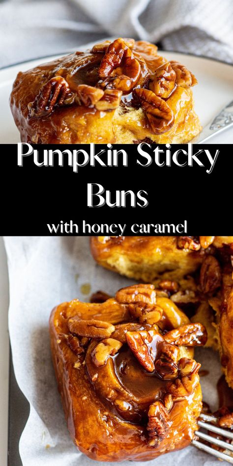 Soft and sticky, these pumpkin sticky buns are lightly spiced and made with pumpkin puree. They're coated in a pecan and honey caramel topping. These pumpkin spice sticky buns are a great way to celebrate pumpkin season and a new spin on your classic sticky buns or pumpkin cinnamon roll recipe. Tray Buns, Pumpkin Sticky Buns, Sticky Rolls, Pecan Cinnamon Rolls, Sticky Buns Recipes, Cinnamon Roll Recipe, Baking Buns, Honey Caramel, Pumpkin Cinnamon Rolls