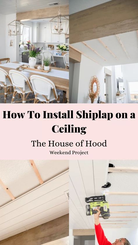 Are you wanting a tutorial on how to install shiplap on a ceiling? We are sharing a step-by-step tutorial on how we did this simple addition over a weekend! We just love how it looks in our dining room and I hope you'll give it a try! Wall Cover Up Ideas, Cover Popcorn Ceiling Cheap Diy, Shiplap Ceiling Bedroom, Tv Console Wall, Cheap Shiplap, Paneling Sheets, Plank Ceilings, Painted Wood Ceiling, Ceiling Makeover