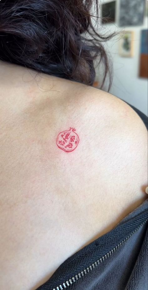 Tomato Tattoo Ideas, Pomegranate Tattoo Small Simple, Minimalist Pomegranate Tattoo, Tiny Pomegranate Tattoo, Red Pomegranate Tattoo, Pomagranet Tattoo Simple, Tattoo Cute Aesthetic, Pomegranate Tattoo Simple, Little Red Tattoos