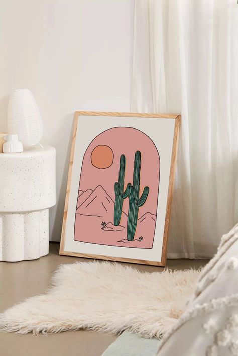 Pink Southwestern Bathroom, Arizona Wall Art, Diy Cactus Painting, Desert Bedroom Decor, Arizona Room, Apartment Pictures, Desert Poster, Cactus Prints, Chicago Living