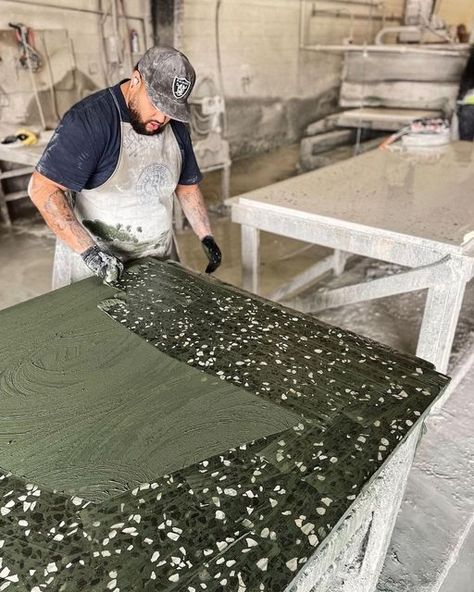 concrete collaborative on Instagram: "factory magic 🧼 // ⠀⠀⠀⠀⠀⠀⠀⠀⠀ universal green verde mix in the making ⏭️ final installation 〰️ we love how @clairethomas kept a monochromatic color scheme around our green terrazzo ⠀⠀⠀⠀⠀⠀⠀⠀⠀ yes, our terrazzo is slip resistant and shower rated! 🚿" Shower Vanity, Concrete Collaborative, Green Terrazzo, Countertop Slabs, Interior Tiles, Tile Stairs, Monochromatic Color Scheme, Concrete Slab, All White