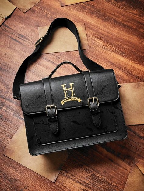 HARRY POTTER X SHEIN Graphic Decor Buckle Decor Flap Square Bag | SHEIN USA Hogwarts Logo, Shein Bags, Harry Potter Bag, Harry Potter Room, Adjustable Bag, Packing Tips For Travel, Bird In Bag, Black Bag, Logo Color