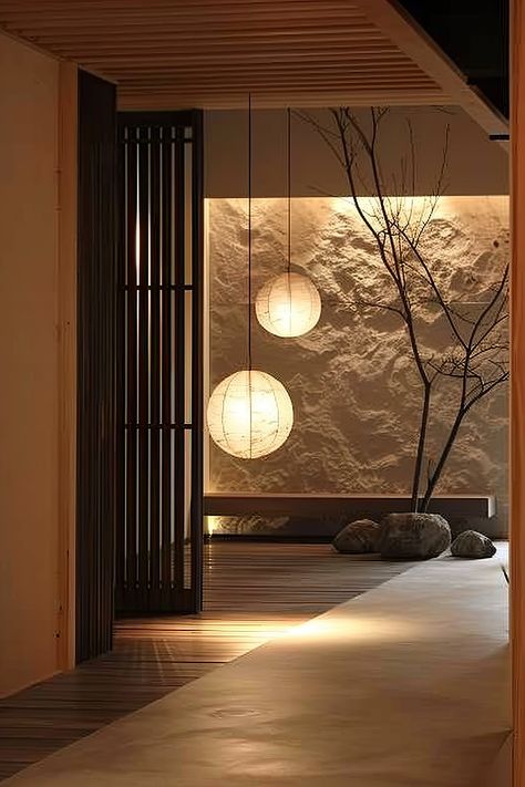 Discover Japandi Light Fixtures that combine function with style. Learn how to choose lighting that fits the minimalist yet cozy Japandi aesthetic, enhancing both the usability and beauty of your rooms. 🌿💡 Zen Minimalist Interior Design, Japandi Interiors Black, Industrial Japandi Interior Design, Japandi Style Lighting, Japandi Light Fixtures, Japandi Hotel, New Chinese Style Interior, Japandi Cafe, Bamboo Design Ideas