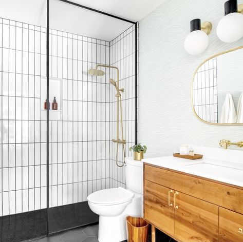 Elegantly patterned bathroom. Neutral colors. Pastel colors. Gold accents. Minimalist modern. #minimalist #bathroominspo #bathroomvibes #bohoinspo #homedecor #homedesign #homeimprovement #gold #green #linework #black Subway Tile Vertical Stack, Vertical Stacked Subway Tile Bathroom, Stacked Subway Tile Bathroom, Bathroom Neutral, Patterned Bathroom, Moody Bathroom, Subway Tiles Bathroom, Blue Accent Walls, Narrow Living Room