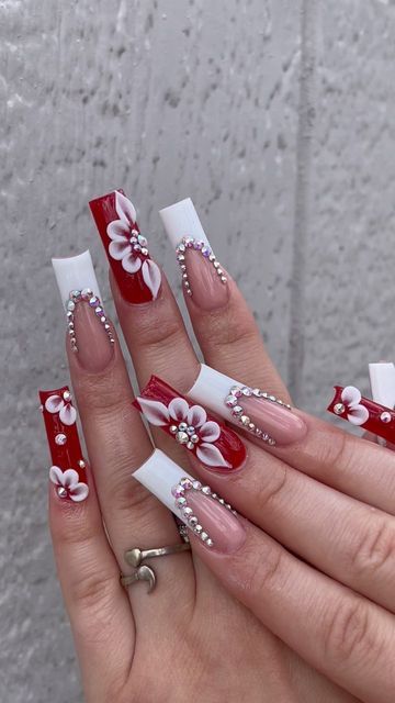 Birthday Nails Red And White, Red And White Acrylics, Red And White Nails Ideas, Nail Ideas Red And White, Red And White Nails Acrylic, White And Red Nails Ideas, Red Blue Nails, White Red Nails, Red And White Nail Designs