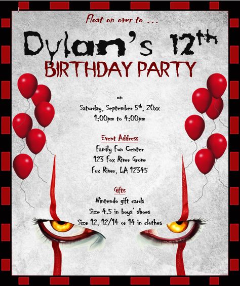 Pennywise Birthday Invites!! DIY 15th Bday Party Ideas, Horror Birthday Party Ideas, Pennywise Birthday, Pennywise Party, Movie Bday Party, Slasher Party, Horror Birthday Party, Horror Movie Party, It Birthday Party