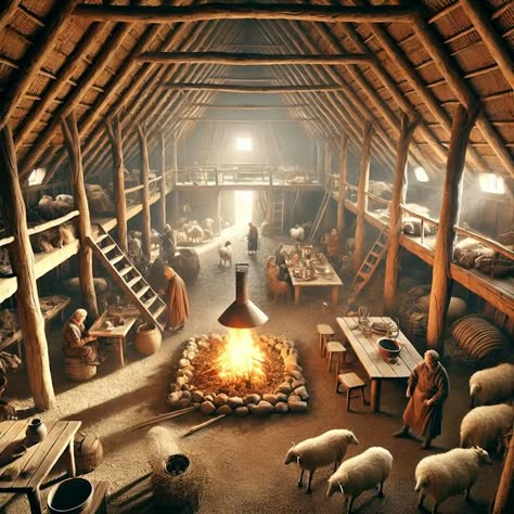 Nordic Longhouse, Viking Homestead, Vikings Architecture, Viking Lodge, Viking House Interiors, Viking Long House, Viking Interior, Medieval Farmhouse, Viking City