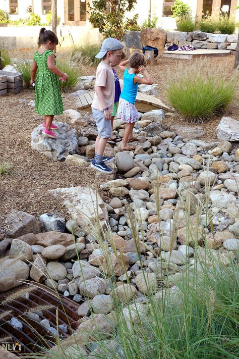 Nature School Outdoor Classroom, Dry Stream Bed, Kindergarten Garden, Outdoor Water Play, Dry River Bed, Dry Stream, Stream Bed, Play Area Backyard, Stormwater Management