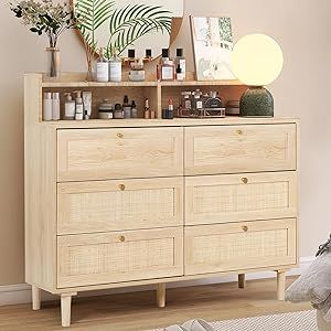 FUQARHY Rattan Dresser for Bedroom with Shelves, Modern 6 Drawer Double Dresser with Charging Station, Wood Chest of Drawers for Bedroom, Living Room, Hallway (Natural) Bedroom With Shelves, Dresser With Shelves, Corner Dresser, Rattan Dresser, Shelves Modern, Three Drawer Dresser, Dresser Shelves, Small Dresser, Dresser For Bedroom