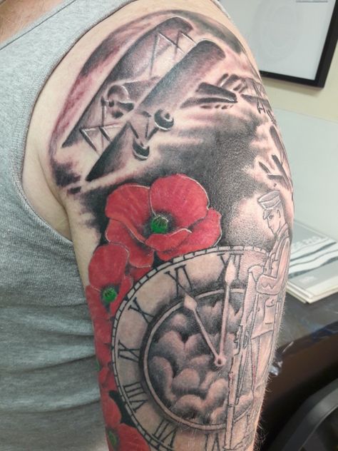 Raf Tattoo Ideas, Military Tattoo Ideas, Poppy Tattoo Sleeve, Lest We Forget Tattoo, Plane Tattoos, British Tattoo, Lion Forearm Tattoos, Military Tattoo, Plane Tattoo