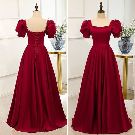 Red Dress Puffy, Cottagecore Prom Dress, Red Satin Prom Dress, Elegant Red Dress, Prom Dress Red, Dress Puff Sleeve, Long Gown Dress, Dress Cottagecore, Red Dress Women