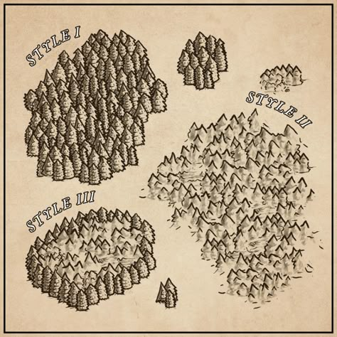 Fantasy Map Farmland, Trees On A Map, Fantasy Map Assets, Fantasy Map Trees, Fantasy Forest Map, Fantasy Map Ideas, Map Trees, Fantasy Map Drawing Ideas, Cartography Design