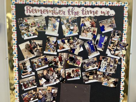 Keep your classroom activity memories inside your classroom all year long with this chronological bulletin board. Students can write captions detailing what the class was producing in each picture. Great memory jogger at the end of the year and kids love having pictures of themselves in their classroom. Picture Wall Bulletin Board, Bulletin Board Ideas For Pictures, Memory Wall Classroom, Picture Board Classroom, Class Pictures Bulletin Board, Bulletin Board Ideas Pictures, Students Pictures In Classroom Ideas, Picture Wall In Classroom, Classroom Collage Wall