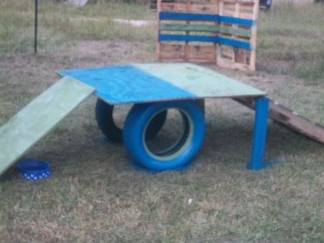 blue and green playground. I want to add some dog paw prints going up and down :) Diy Dog Playground, Dog Park Ideas, Puppy Playground, Dog Friendly Backyard, Cat Playground Outdoor, Temporary Fence, Dog Backyard, Dog Agility Course, Kennel Ideas