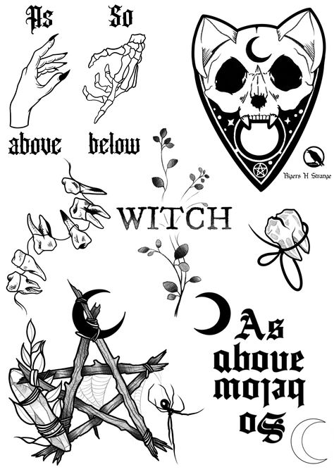 Witch Tattoo Flash Sheet, Spooky Witch Tattoo, Gothic Tattoo Flash Sheet, Witch Flash Sheet, Tattoo Witch Aesthetic, Creepy Book Tattoo, Witchy Tattoos Ideas, Witchy Flash Art, Witchy Tattoo Stencils