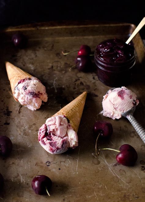 Black Cherry Buttermilk Ice Cream Recipe - perfectly tart and creamy!  My absolute favorite summer dessert but I eat it all year long. Chocolate Cherry Ice Cream, Buttermilk Ice Cream, Best Homemade Ice Cream, Almond Ice Cream, Vegan Ice Cream Recipe, Almond Crunch, Cherry Ice Cream, Cherry Sauce, Peach Ice Cream