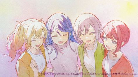 Project Sekai Official Art, Project Sekai Miku, Anniversary Illustration, Milky Holmes, Project Sekai Icons, Ichika Hoshino, Saki Tenma, Group Pose, Group Of Four