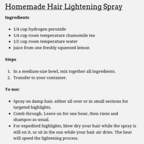 Diy hair lightening spray :) Diy Hair Lightening Spray For Dark Hair, Lemon Juice Hair Lightener, Diy Hair Lightening Spray, Natural Hair Lightener, Hair Lightener Diy, Lemon Hair Lightening, Hair Lightening Spray, Lightening Hair, Lighten Hair Naturally