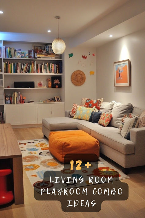 Tired of toys taking over your living room? These 12 creative ideas will help you design a space that’s perfect for play and relaxation. Click now for all the details! 🎨✨🛋️ #LivingRoomPlayroom #FamilySpaces #OrganizedHomes #StylishAndFunctional #InteriorInspo #HomeDesignGoals #PlayroomIdeas Toy Room In Living Room, Family Playroom Design, Toy Room With Couch, Large Living Room Layout With Play Area, Playpen In Small Living Room, Lounge Playroom Family Rooms, Multi Purpose Family Room, Playroom Ideas For Small Spaces, Half Living Room Half Playroom