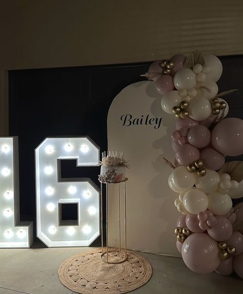 Sweet 16💗 Ready to elevate your next celebration? Book your custom balloon decor today and let us make your special day unforgettable! Spots fill up fast, so DM us now to reserve your date! #balloon #party #event #eventdecor #eventdesigner #birthday #birthdayparty #sweet16 #sweet15 #decor #balloons Bday 16 Ideas, Sweet 16themes Party Themes, Big 16 Light Up Numbers, Sweet 16 Birthday Decorations Ideas, Pink Centerpieces Birthday Sweet 16, Birthday Decor Sweet 16, Sweet 16 Indoor Party Ideas, Outdoor Sweet 16 Party Decorations, 18th Birthday Color Schemes