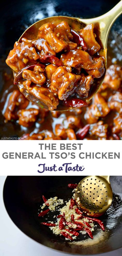 This is the best General Tso’s Chicken recipe! Crispy chicken thighs (or chicken breasts) tossed in a sweet, tangy, garlicky soy sauce. Serve it over your choice of white or brown rice to soak up all that saucy deliciousness! #justatasterecipes General Tao Chicken, Easy General Tso Chicken, General Tso's Chicken Recipe, Easy Beef And Broccoli, Fresh Recipe, General Tso's Chicken, Crispy Chicken Thighs, Tso Chicken, General Tso Chicken