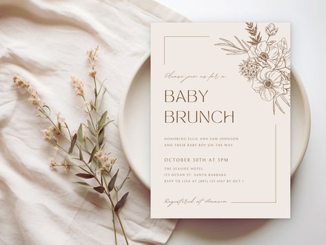 Boho Baby Brunch Invitation EDITABLE TEMPLATE ⭐ INSTANT DIGITAL DOWNLOAD Customize within minutes!  MATCHING ITEMS: INVITATION SET: https://mandldesigncompany.etsy.com/listing/1597762235 30 Baby Shower Games Pack: https://mandldesigncompany.etsy.com/listing/1634682631/baby-shower-games-bundle-minimalist-baby With this template, you will be able to edit background colors, fonts, font colors, text, and font sizes. You can also remove or add images of your choice.  You'll need Canva to edit this invitation, but if you don't have it, don't worry! Canva is FREE! It's very easy to use in your browser. ⭐ This design is a DIGITAL template to edit and print yourself. You will NOT receive a physical item. ⭐ 🧡 How do you download and edit this template? 🧡 1. Add to cart and purchase 2. You will rec Neutral Floral Baby Shower Ideas, Simple Gender Neutral Baby Shower Ideas, Spring Baby Shower Ideas Neutral, Baby Brunch Shower Ideas, Minimalist Baby Shower Ideas, Baby Shower Brunch Invitations, Boho Cards, Baby Brunch Invitation, Baby Shower Lunch