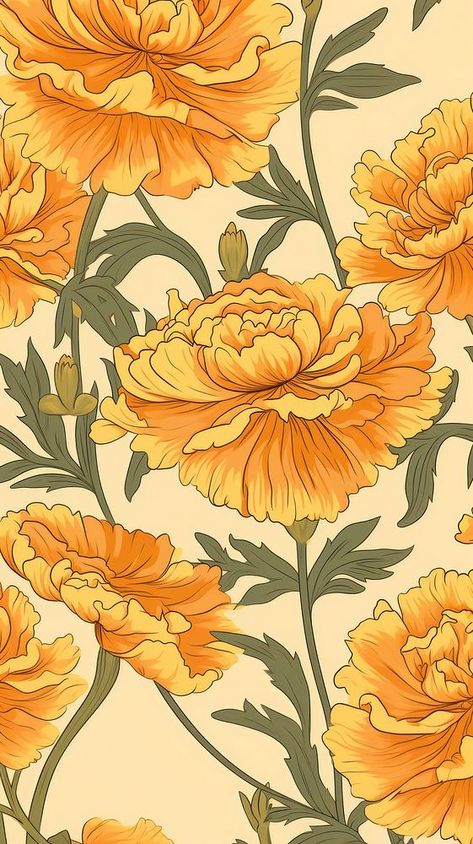 Marigold flower wallpaper pattern plant.  | premium image by rawpixel.com / Jennifer Claesson Marigold Flower Pattern, Marigold Illustration Indian, Marigold Flower Art, Art Nouveau Marigold, Marigold Nursery, Marigold Flower Aesthetic, Marigold Logo, Marigold Aesthetic, Marigold Illustration