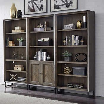 Asher 3-piece Bookcase Wall Aspen House, 5 Shelf Bookcase, Tall Bookcases, Bookcase Wall, Wood Sample, Open Bookcase, Shelf Bookcase, Bush Furniture, Book Shelf