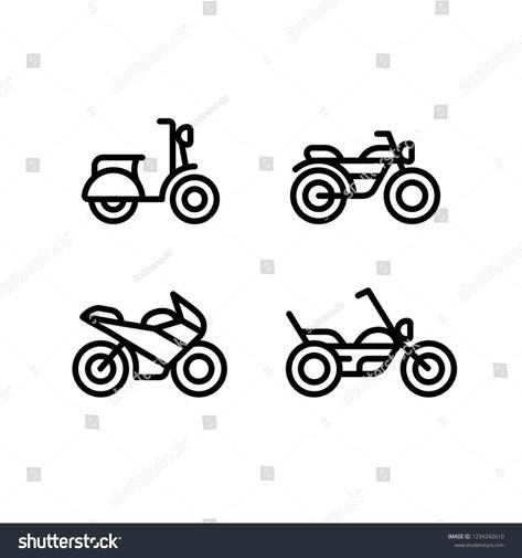 Motorcycle types line icon set. Classic motorbike, sports bike, scooter and chopper. Simple and minimal illustrations. #Ad , #SPONSORED, #set#Classic#motorbike#icon Motorbike Line Art, Motorcycle Doodle Simple, Motorcycle Simple Drawing, Bike Doodle Easy, Easy Motorbike Drawing, Bike Simple Drawing, Bike Logo Motorbikes, Bike Sketch Motorcycles, How To Draw Motorcycle