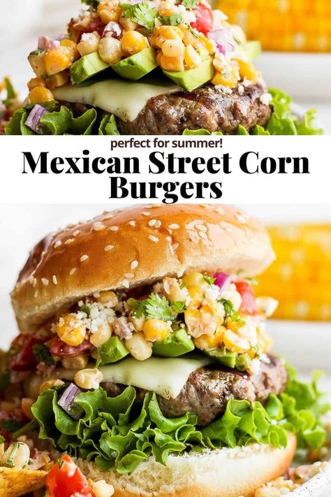 Santa Fe Burger, Mexican Burger Recipes, Elote Burger, Mexican Hamburgers, Mexican Cheeseburger, Creative Burger Ideas, Snacks Mexicanos, Mexican Street Food Snacks, Mexican Burgers