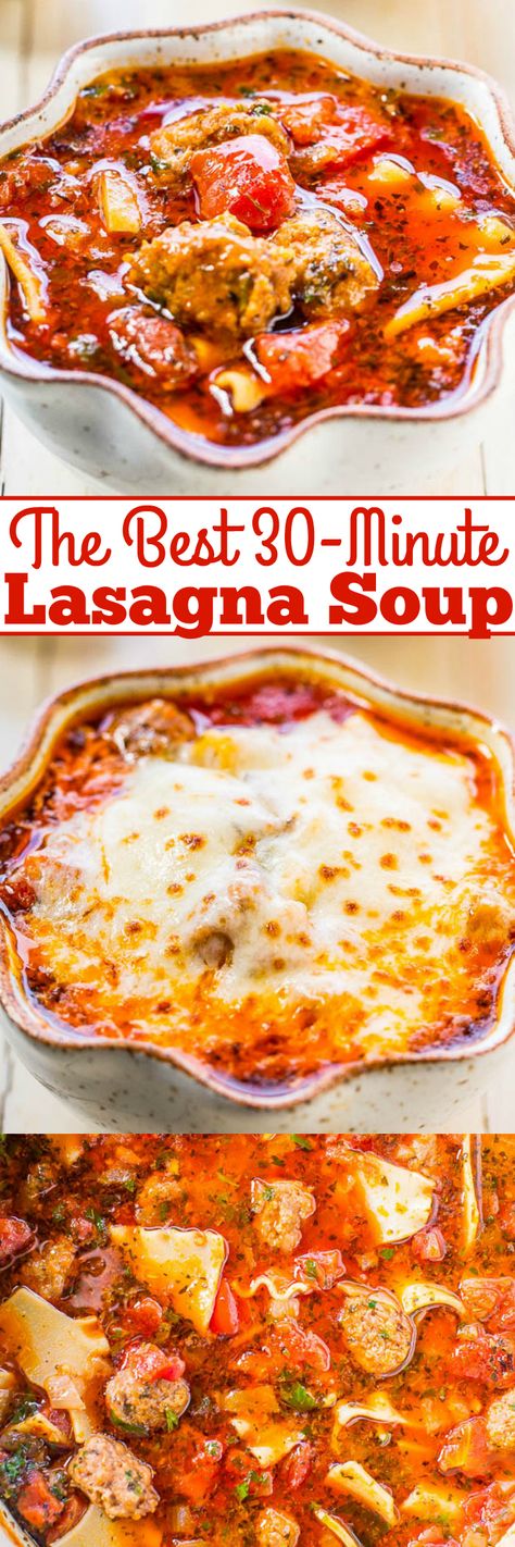 Easy Lasagna Soup, Sausage Tortellini Soup, Lasagna Soup Recipe, Averie Cooks, Hearty Comfort Food, Lasagna Soup, Tortellini Soup, Juicy Tomatoes, Soup And Sandwich