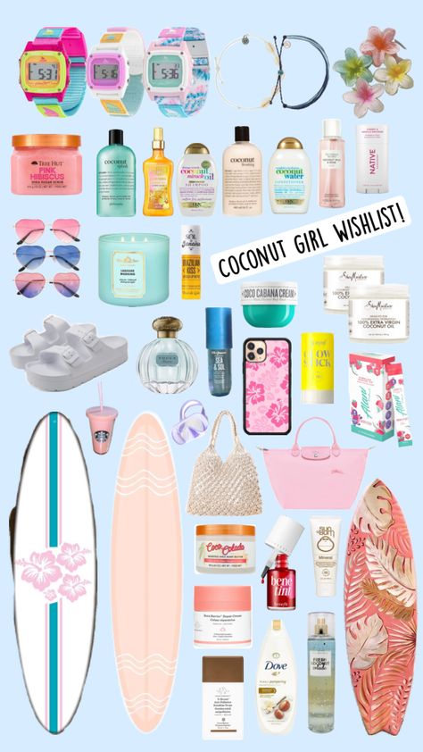 #preppy #coconutgirl #coconutgirlaesthetic #wishlist Outfit Flatlay, Girl Wishlist, Coconut Beach, Coconuts Beach, Coconut Girl Aesthetic, Bday Wishlist, Tree Hut, Coconut Tree, Coconut Girl