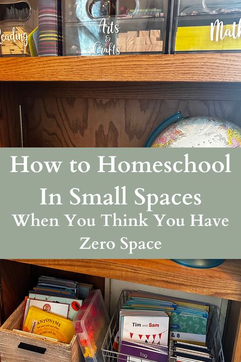 how to homeschool in a small space, homeschool organization for small spaces, homeschool setup for small spaces, small homeschool space ideas, small space homeschool room, preschool, kitchen ideas for homeschooling, storage ideas for homeschooling in a small space, tips for homeschooling in a small space, homeschool storage hacks, organization for homeschooling, homeschool organization Elementary Homeschool Room, Small Space Homeschool Room, Homeschool Bookshelf, Homeschool Classroom Setup, Busy Mom Planner, Minimalist Homeschool, Homeschool Room Design, Homeschool Room Organization, Homeschool Space