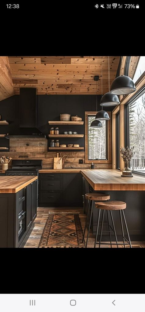 Black Kitchen With Butcher Block, Wood Grain Countertops Kitchen, Dark Rustic Kitchen Ideas, Kitchen Ideas Cabin, Black And Cedar Kitchen, Cabin Small Kitchen, Kitchen In Log Cabin, Cedar Ceiling Kitchen, Butcher Block With Dark Cabinets