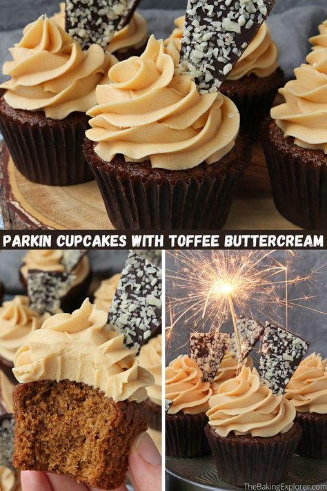 Celebrate Bonfire Night with these Parkin Cupcakes! A black treacle, ginger, and oat sponge, topped with sweet toffee icing & shards of chocolate with popping candy Treacle Recipes, Toffee Icing, Toffee Buttercream, Parkin Recipes, Bonfire Cake, Bonfire Night Food, Black Treacle, Cake Sparklers, Popping Candy