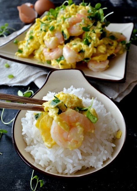 Stir-fried Shrimp and Eggs (虾仁炒蛋) Shrimp Eggs, Asian Seafood, Shrimp And Eggs, Woks Of Life, The Woks Of Life, Chinese Restaurants, Japanese Ramen, Fried Shrimp, Egg Dish