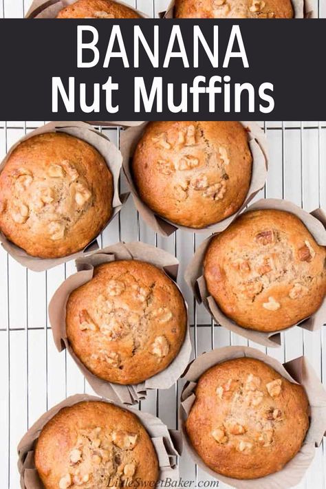 These banana nut muffins are soft, fluffy, moist, and loaded with banana flavor. They have that signature bakery-style large muffin tops and they’re ready for the oven in only 15 minutes. Pumpkin Banana Nut Muffins, 4 Banana Muffin Recipe, Bakery Banana Muffins, Banana Nut Muffins Recipe Moist, Breakfast Pastries Easy, Buttermilk Banana Muffins, Homemade Banana Nut Muffins, Banana Nut Bread Muffins, Moist Banana Nut Muffins