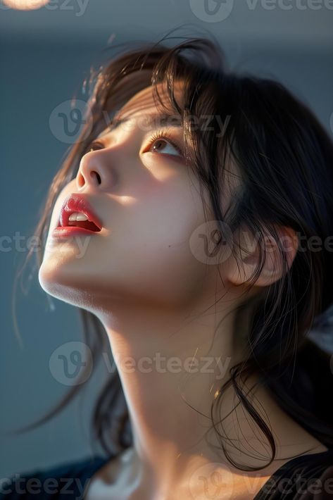 Asian young woman mouth open looking up surprised amazed expression Face Looking Up Mouth Open Reference, Woman Expression Faces, Female Face Angles, Female Looking Up, Faces Looking Up, Open Mouth Reference Photo, Girl Looking Up Reference, Mouth Open Pose, Anguish Expression